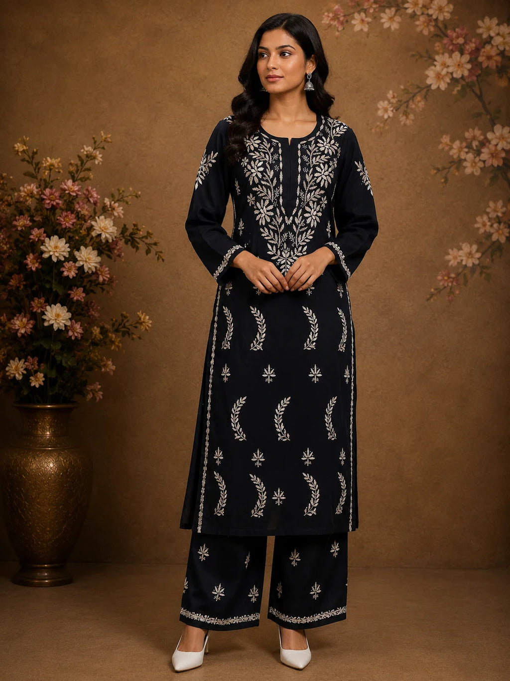 Premium Modal Chikankari Hand Embroidered Kurti Palazzo Set for Women | Lucknowi Handwork