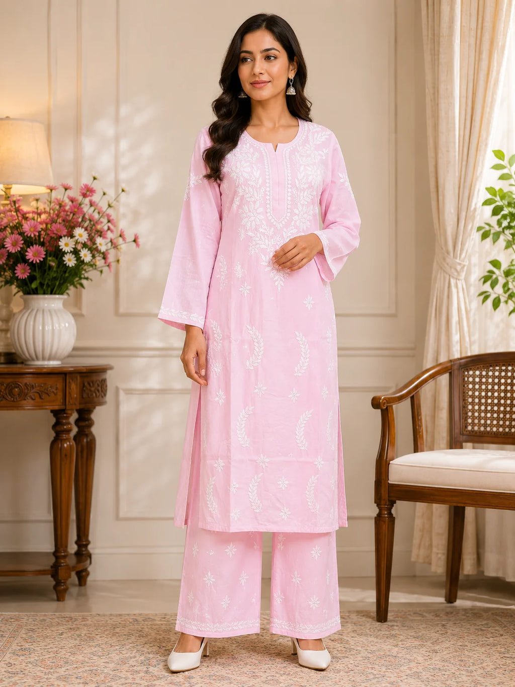 Premium Modal Chikankari Hand Embroidered Kurti Palazzo Set for Women | Lucknowi Handwork