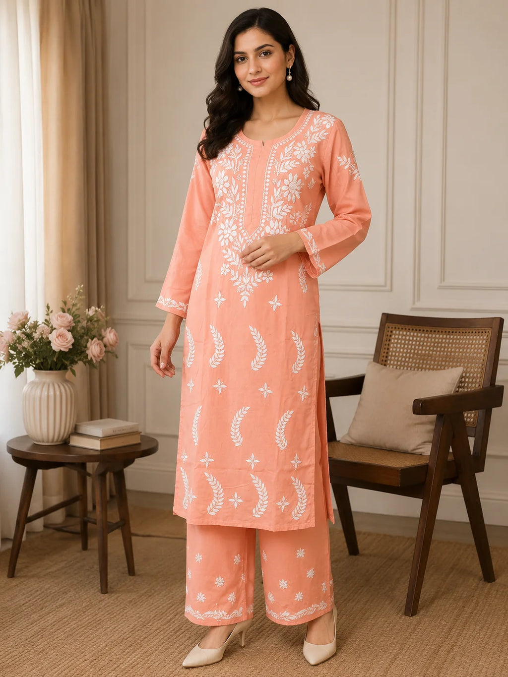 Premium Modal Chikankari Hand Embroidered Kurti Palazzo Set for Women | Lucknowi Handwork