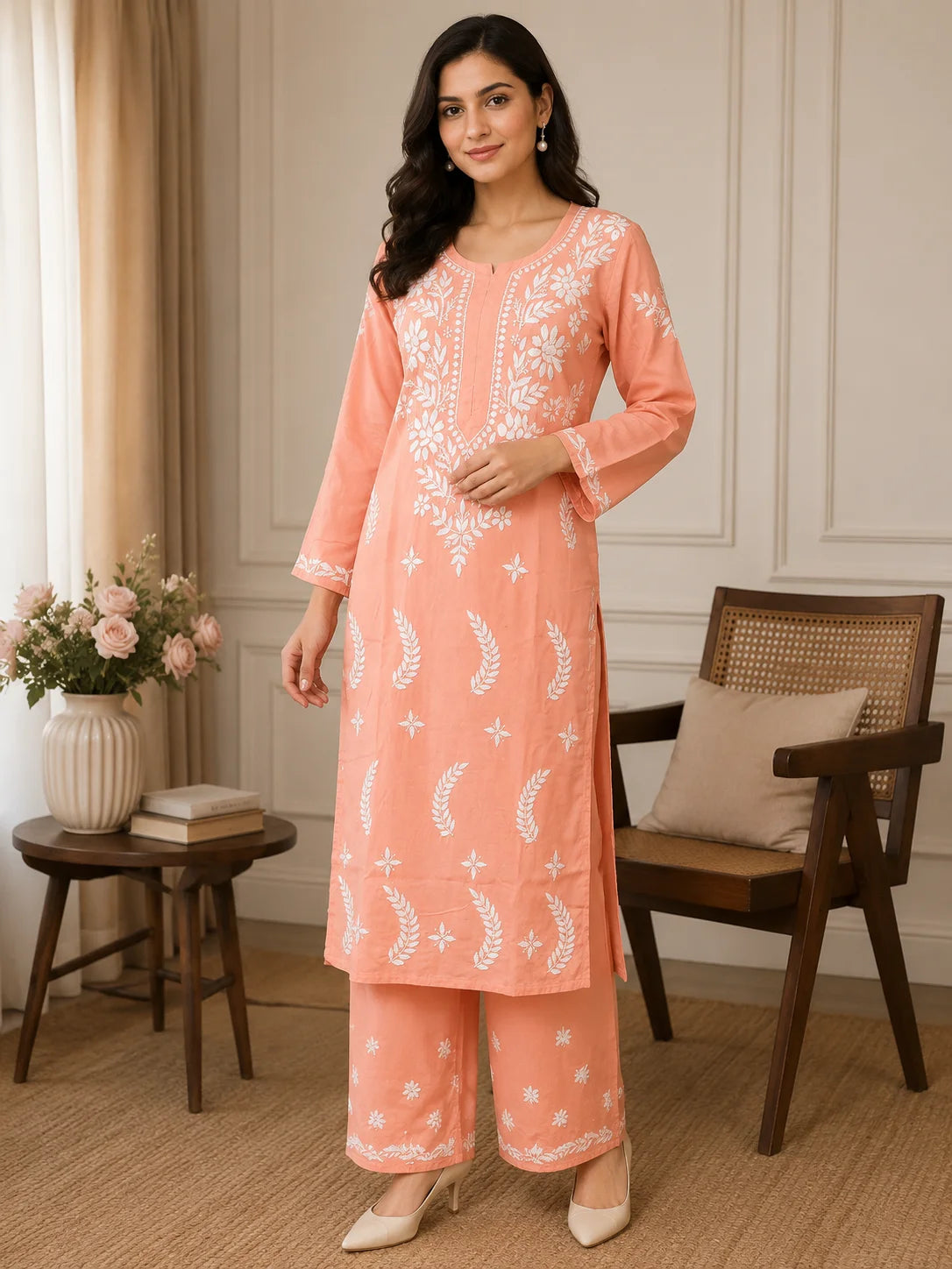 Premium Modal Chikankari Hand Embroidered Kurti Palazzo Set for Women | Lucknowi Handwork