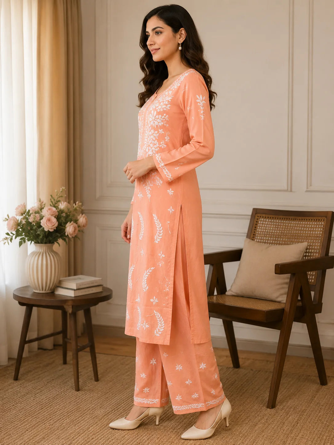 Premium Modal Chikankari Hand Embroidered Kurti Palazzo Set for Women | Lucknowi Handwork