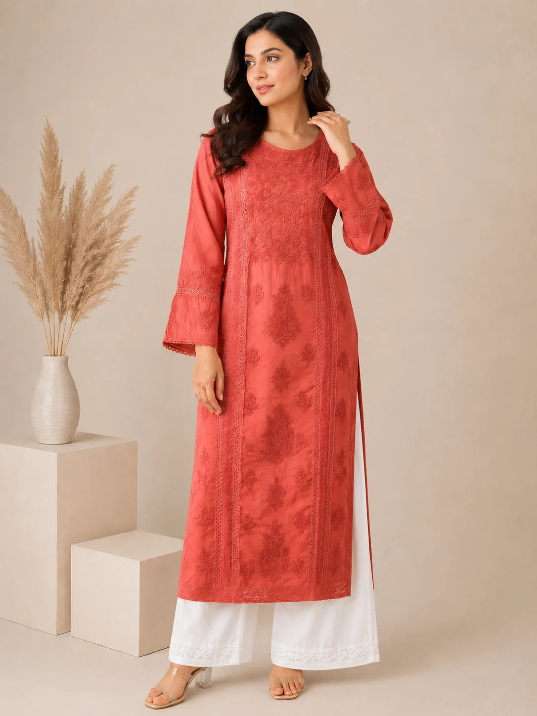 Luxury Chikankari Chanderi Kurta for Women | Handcrafted Lucknowi Embroidery | Tazaki Fashion