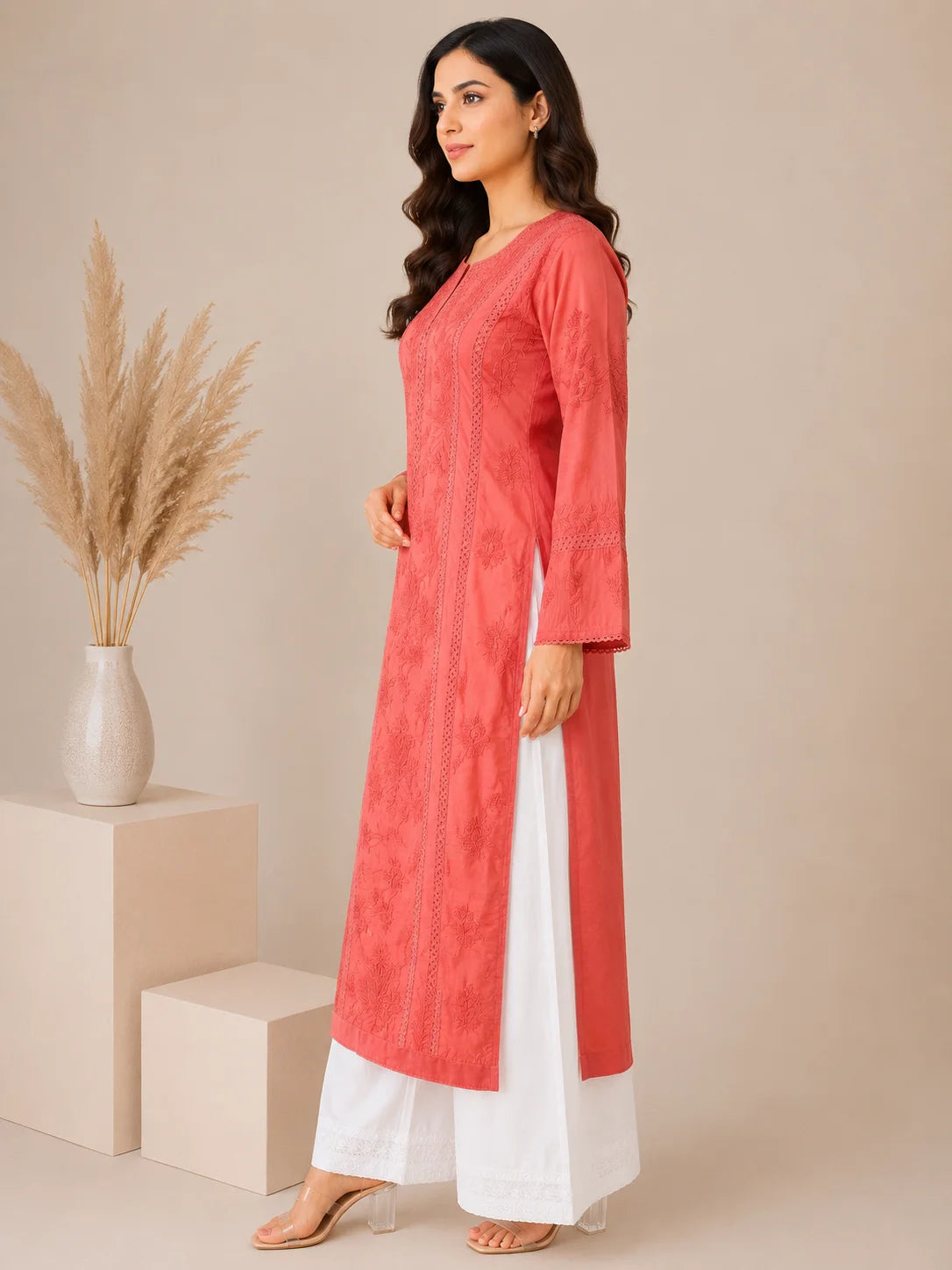 Luxury Chikankari Chanderi Kurta for Women | Handcrafted Lucknowi Embroidery | Tazaki Fashion