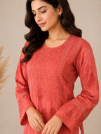 Luxury Chikankari Chanderi Kurta for Women | Handcrafted Lucknowi Embroidery | Tazaki Fashion
