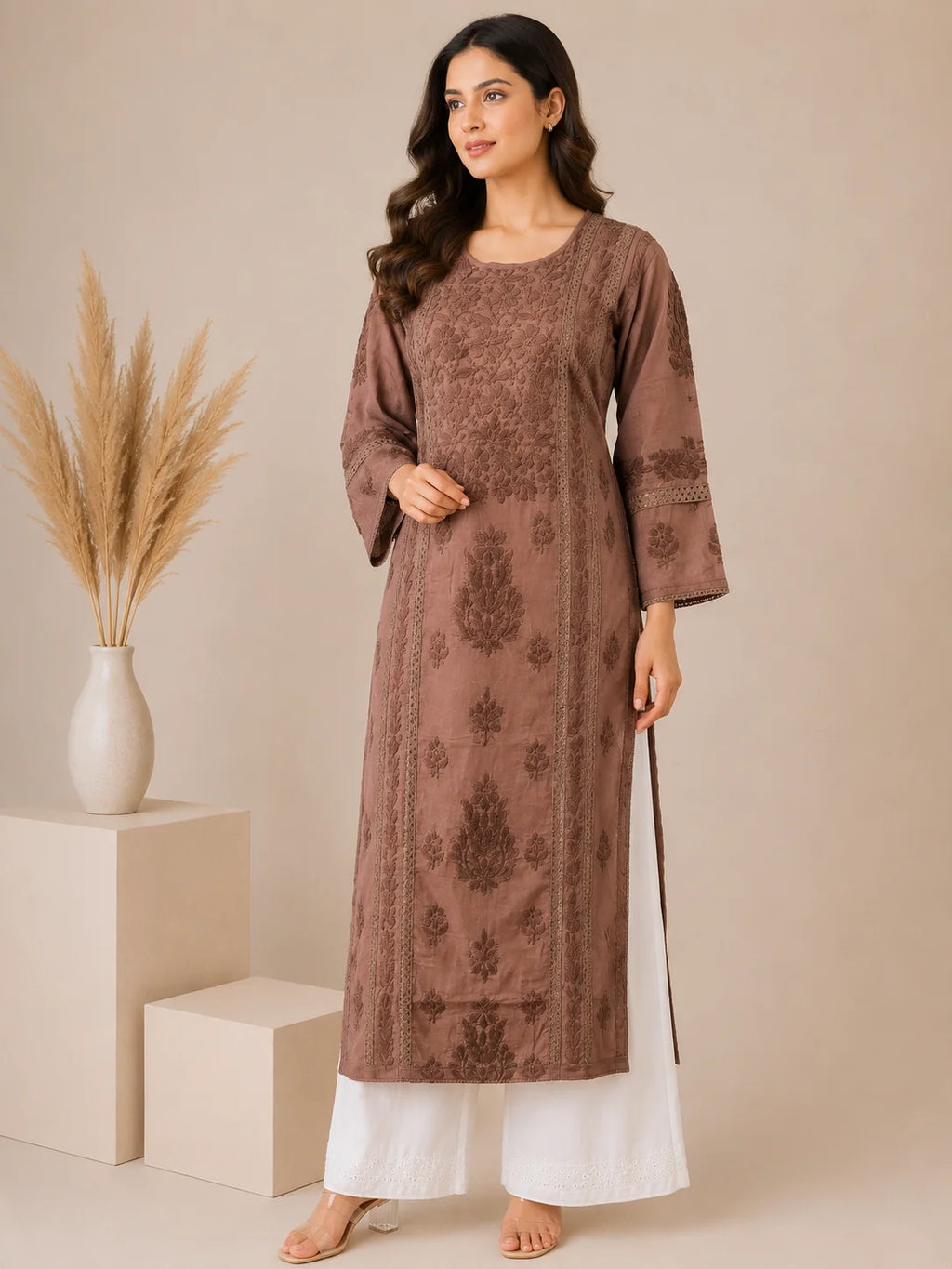 Luxury Chikankari Chanderi Kurta for Women | Handcrafted Lucknowi Embroidery | Tazaki Fashion