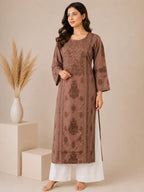 Luxury Chikankari Chanderi Kurta for Women | Handcrafted Lucknowi Embroidery | Tazaki Fashion