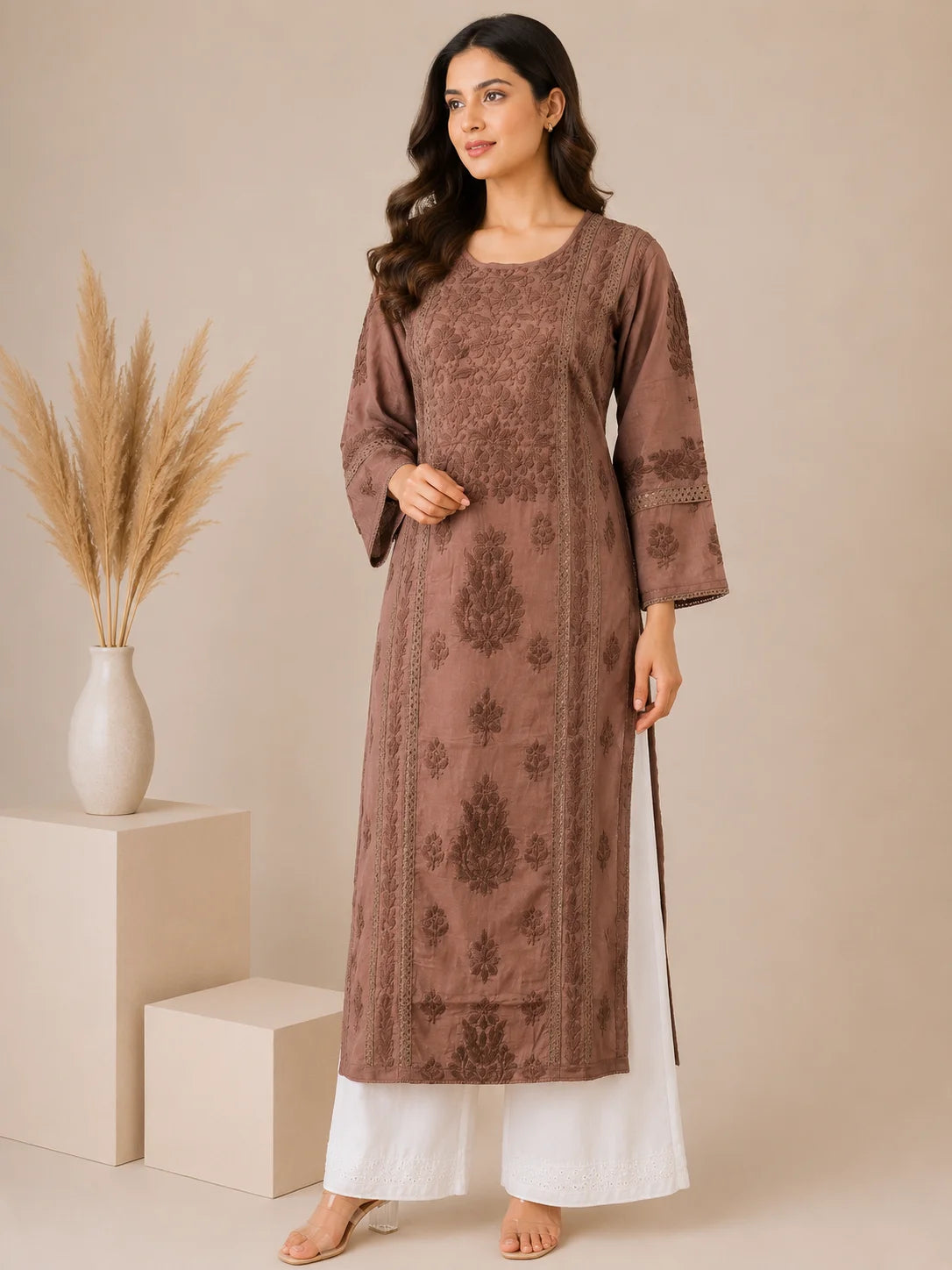 Luxury Chikankari Chanderi Kurta for Women | Handcrafted Lucknowi Embroidery | Tazaki Fashion
