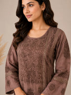 Luxury Chikankari Chanderi Kurta for Women | Handcrafted Lucknowi Embroidery | Tazaki Fashion