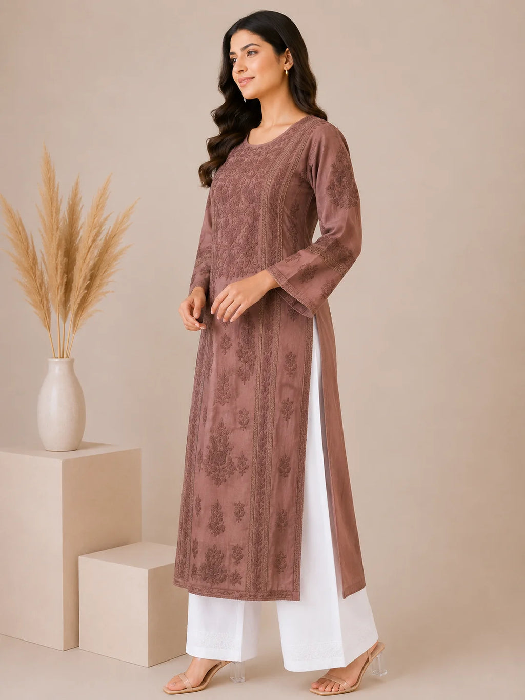 Luxury Chikankari Chanderi Kurta for Women | Handcrafted Lucknowi Embroidery | Tazaki Fashion