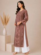 Luxury Chikankari Chanderi Kurta for Women | Handcrafted Lucknowi Embroidery | Tazaki Fashion