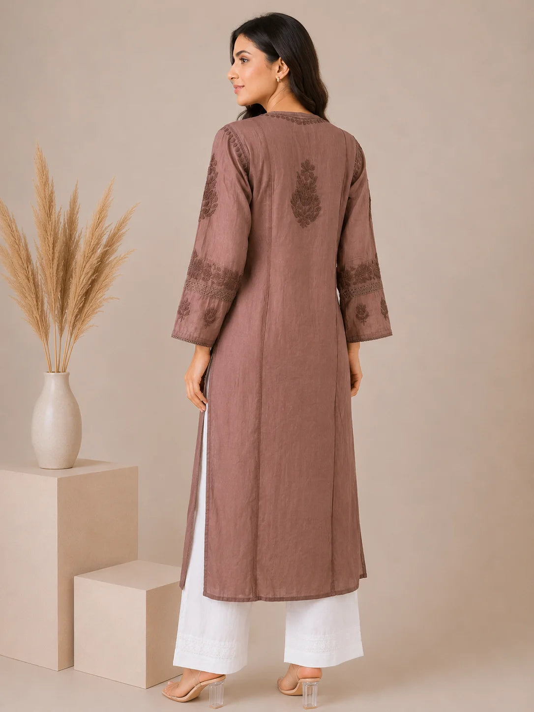 Luxury Chikankari Chanderi Kurta for Women | Handcrafted Lucknowi Embroidery | Tazaki Fashion