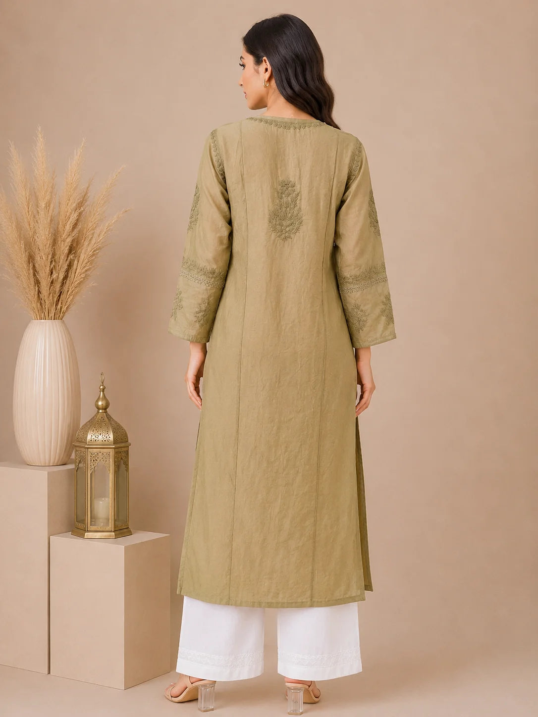 Luxury Chikankari Chanderi Kurta for Women | Handcrafted Lucknowi Embroidery | Tazaki Fashion
