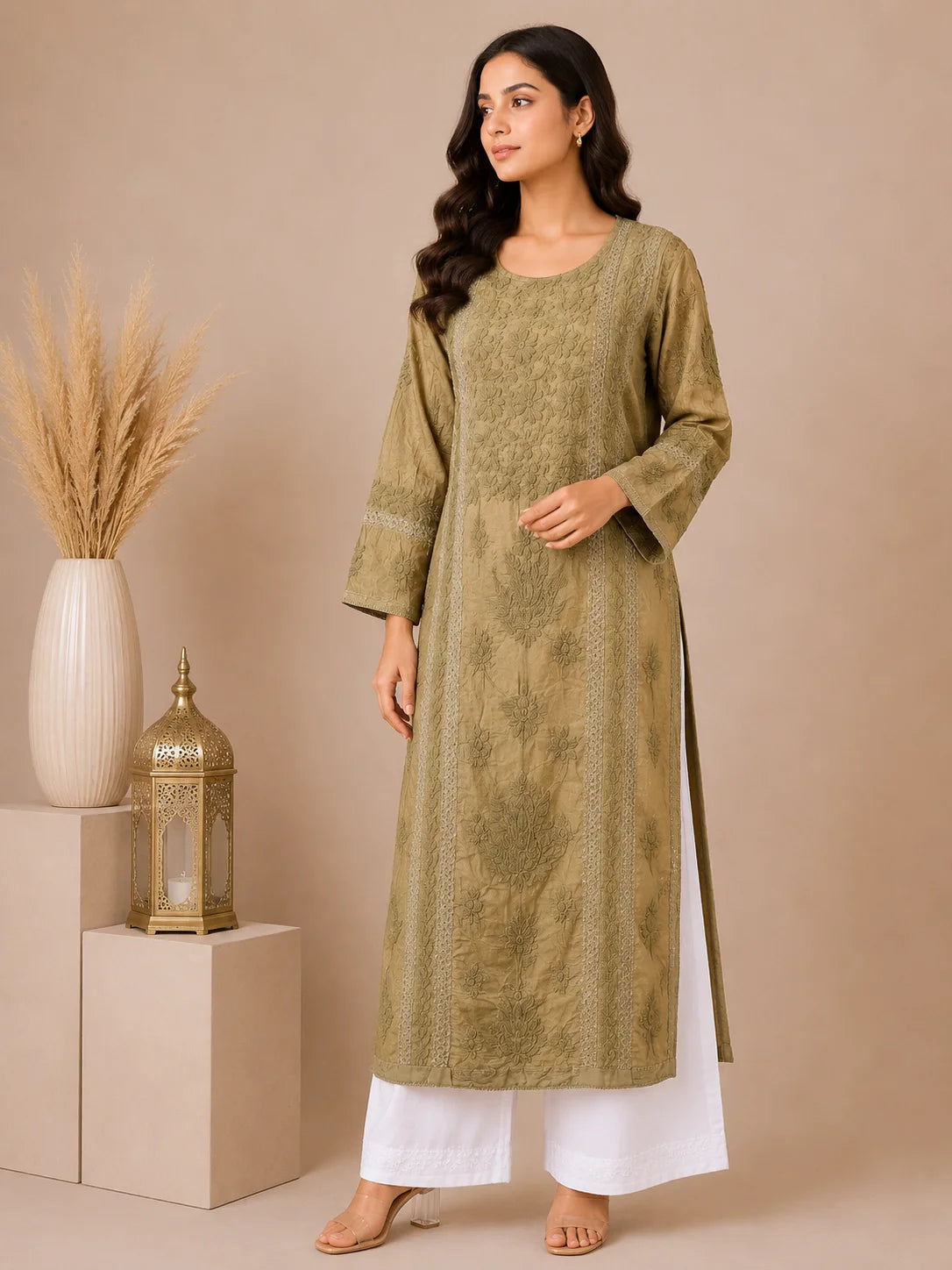 Luxury Chikankari Chanderi Kurta for Women | Handcrafted Lucknowi Embroidery | Tazaki Fashion