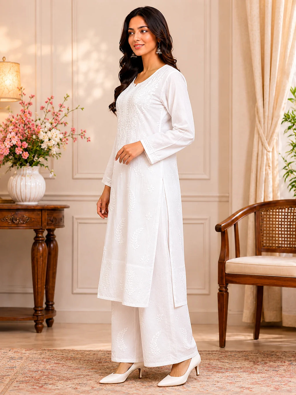 Premium Modal Chikankari Hand Embroidered Kurti Palazzo Set for Women | Lucknowi Handwork