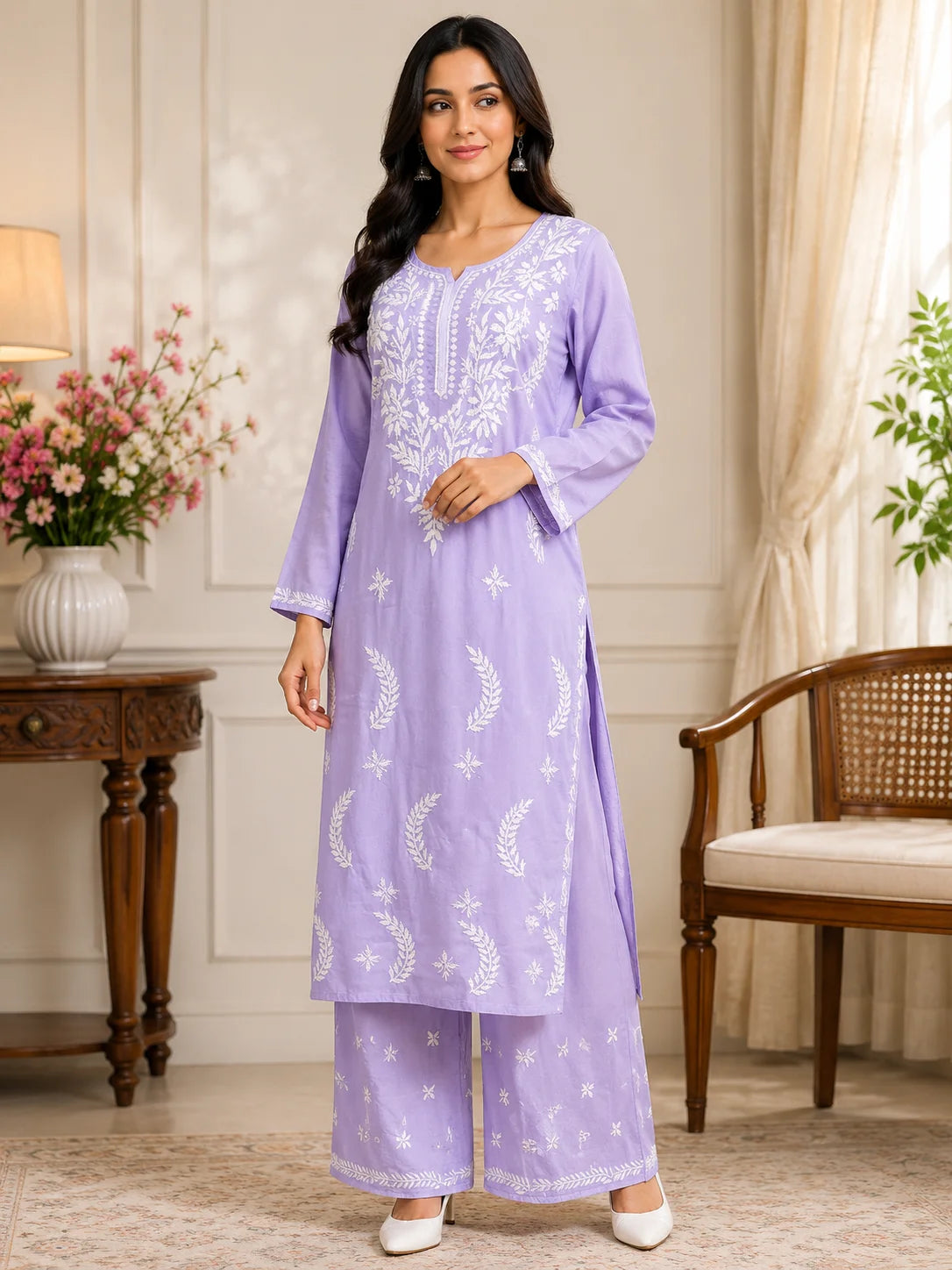 Premium Modal Chikankari Hand Embroidered Kurti Palazzo Set for Women | Lucknowi Handwork