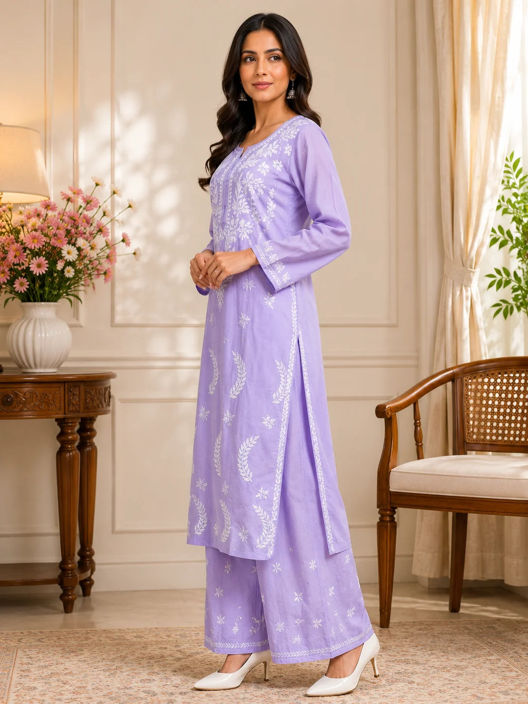 Premium Modal Chikankari Hand Embroidered Kurti Palazzo Set for Women | Lucknowi Handwork