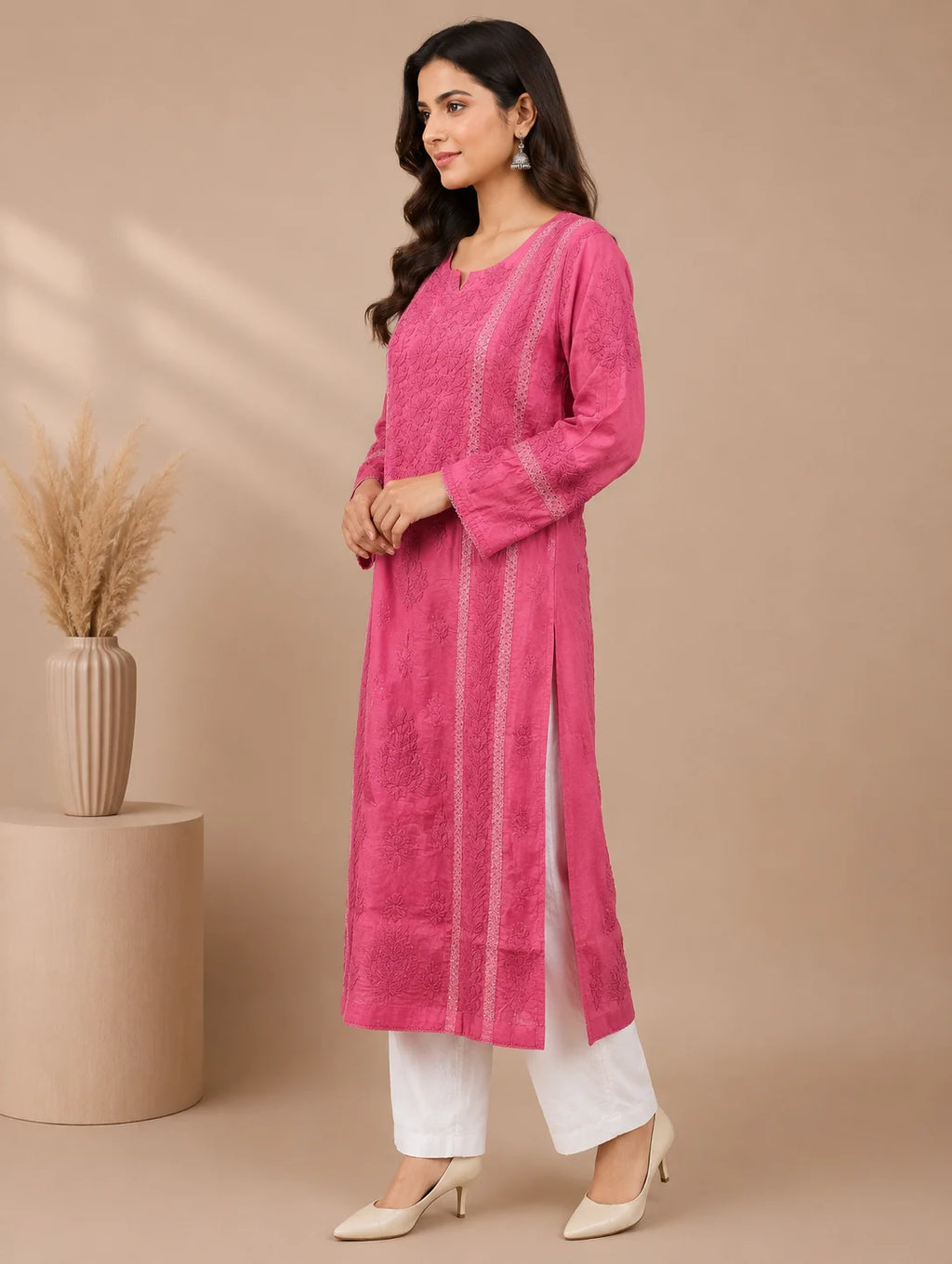 Luxury Chikankari Chanderi Kurta for Women | Handcrafted Lucknowi Embroidery | Tazaki Fashion