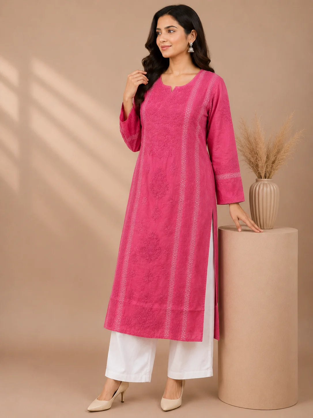 Luxury Chikankari Chanderi Kurta for Women | Handcrafted Lucknowi Embroidery | Tazaki Fashion