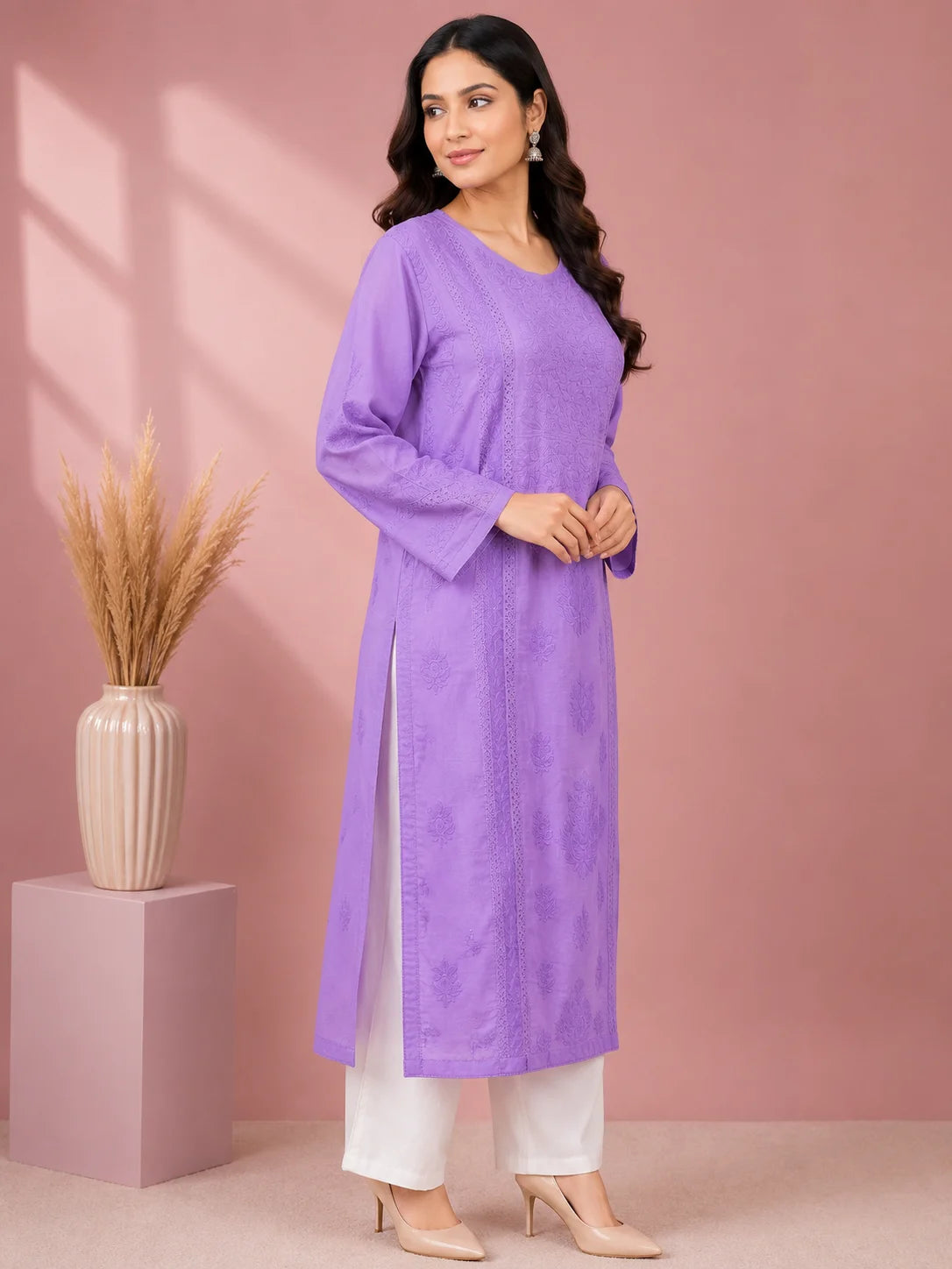 Luxury Chikankari Chanderi Kurta for Women | Handcrafted Lucknowi Embroidery | Tazaki Fashion