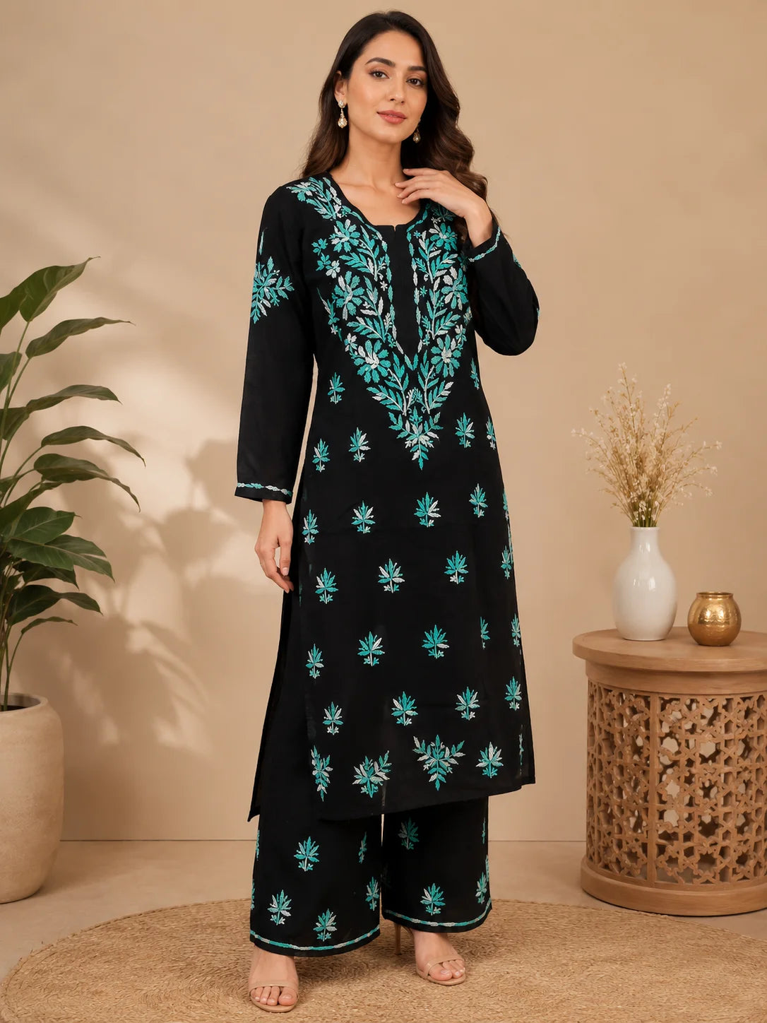 Luxury Midnight Black Modal Chikankari Kurta Palazzo Set for Women | Royal Blue Lucknowi Embroidery | Tazaki Fashion