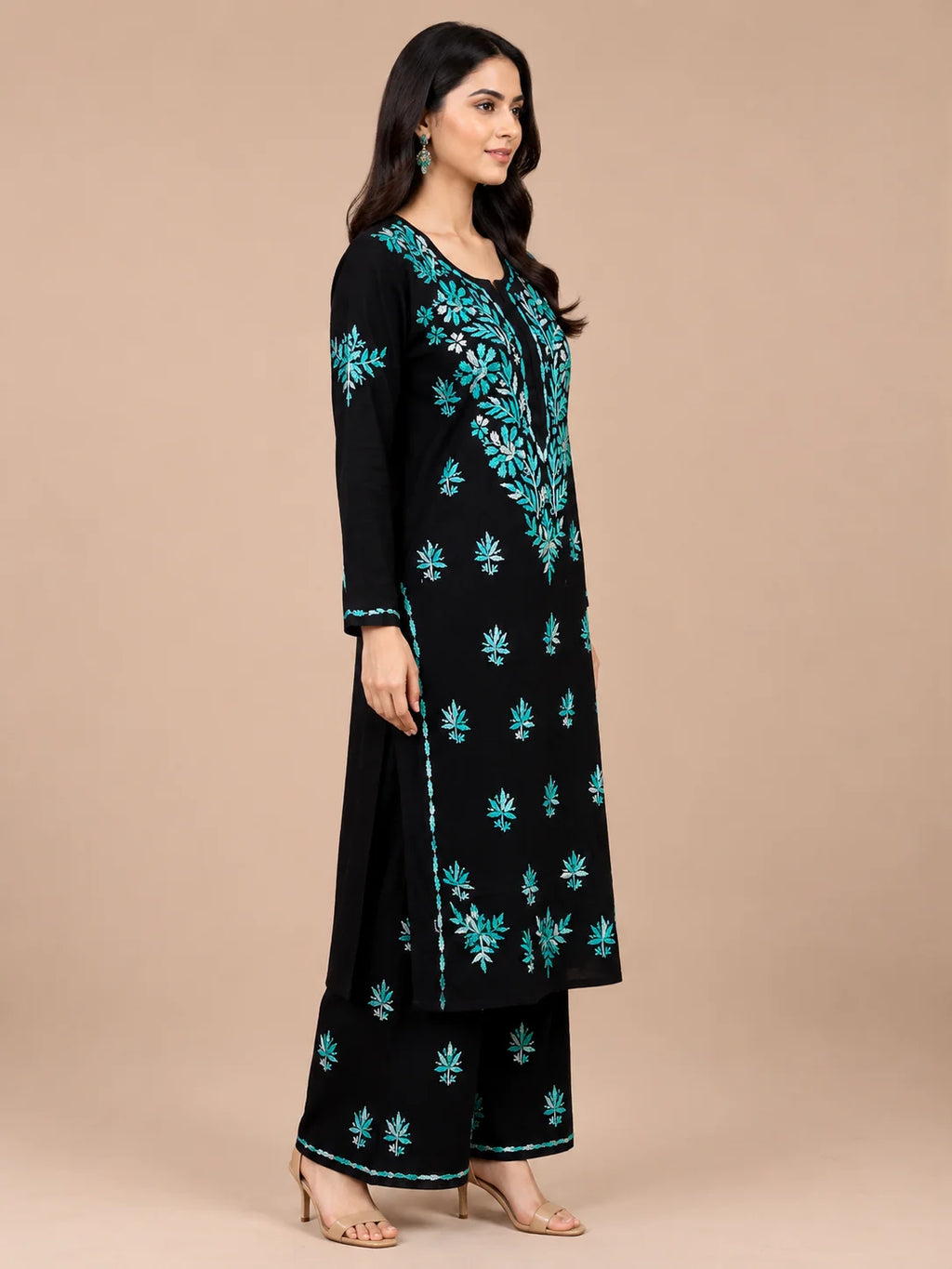 Luxury Midnight Black Modal Chikankari Kurta Palazzo Set for Women | Royal Blue Lucknowi Embroidery | Tazaki Fashion