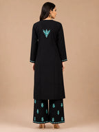 Luxury Midnight Black Modal Chikankari Kurta Palazzo Set for Women | Royal Blue Lucknowi Embroidery | Tazaki Fashion