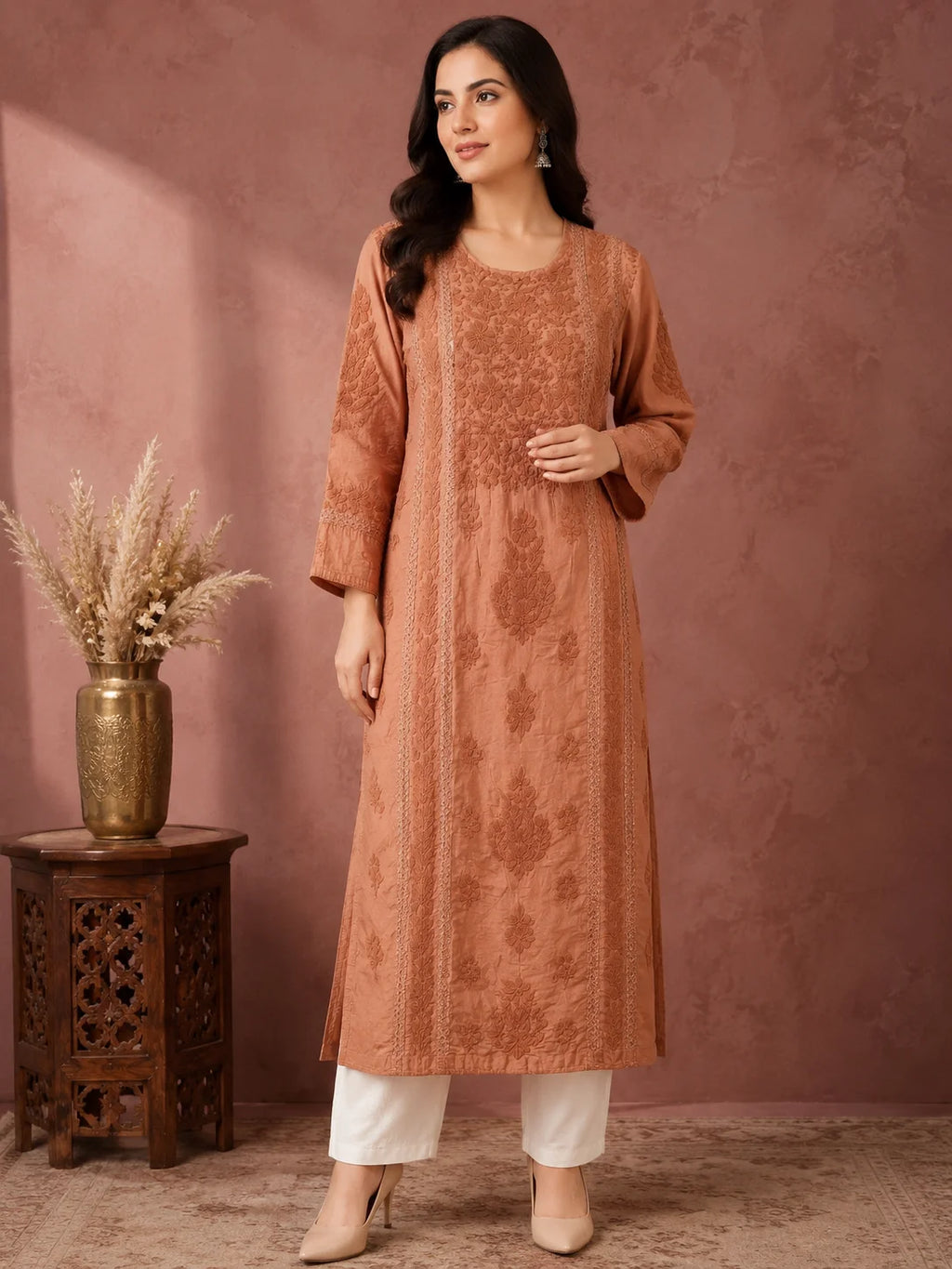 Luxury Chikankari Chanderi Kurta for Women | Handcrafted Lucknowi Embroidery | Tazaki Fashion