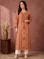 Luxury Chikankari Chanderi Kurta for Women | Handcrafted Lucknowi Embroidery | Tazaki Fashion