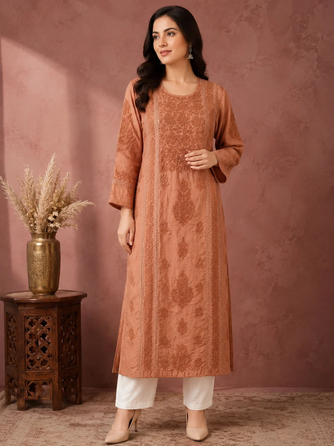 Luxury Chikankari Chanderi Kurta for Women | Handcrafted Lucknowi Embroidery | Tazaki Fashion