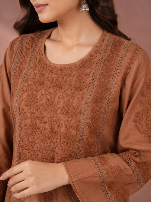 Luxury Chikankari Chanderi Kurta for Women | Handcrafted Lucknowi Embroidery | Tazaki Fashion