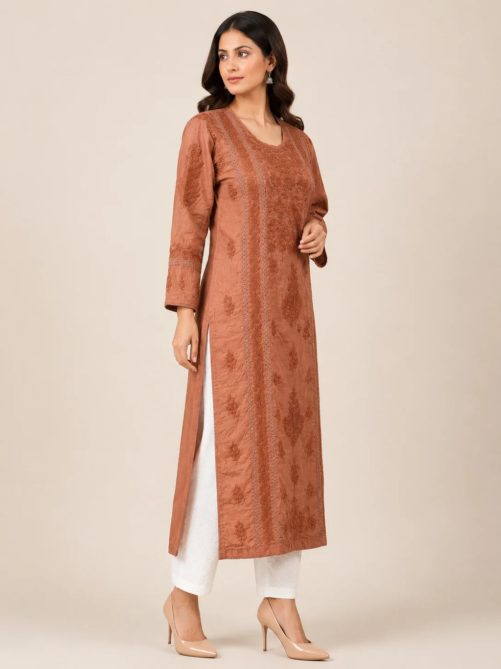 Luxury Chikankari Chanderi Kurta for Women | Handcrafted Lucknowi Embroidery | Tazaki Fashion