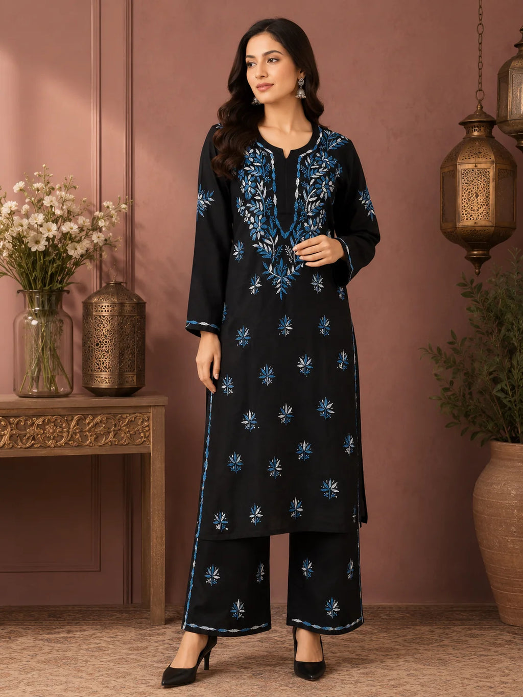Luxury Midnight Black Modal Chikankari Kurta Palazzo Set for Women | Royal Blue Lucknowi Embroidery | Tazaki Fashion