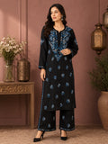 Luxury Midnight Black Modal Chikankari Kurta Palazzo Set for Women | Royal Blue Lucknowi Embroidery | Tazaki Fashion