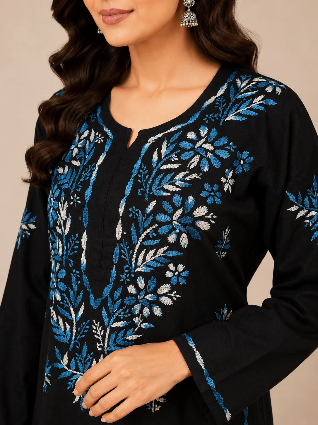 Luxury Midnight Black Modal Chikankari Kurta Palazzo Set for Women | Royal Blue Lucknowi Embroidery | Tazaki Fashion