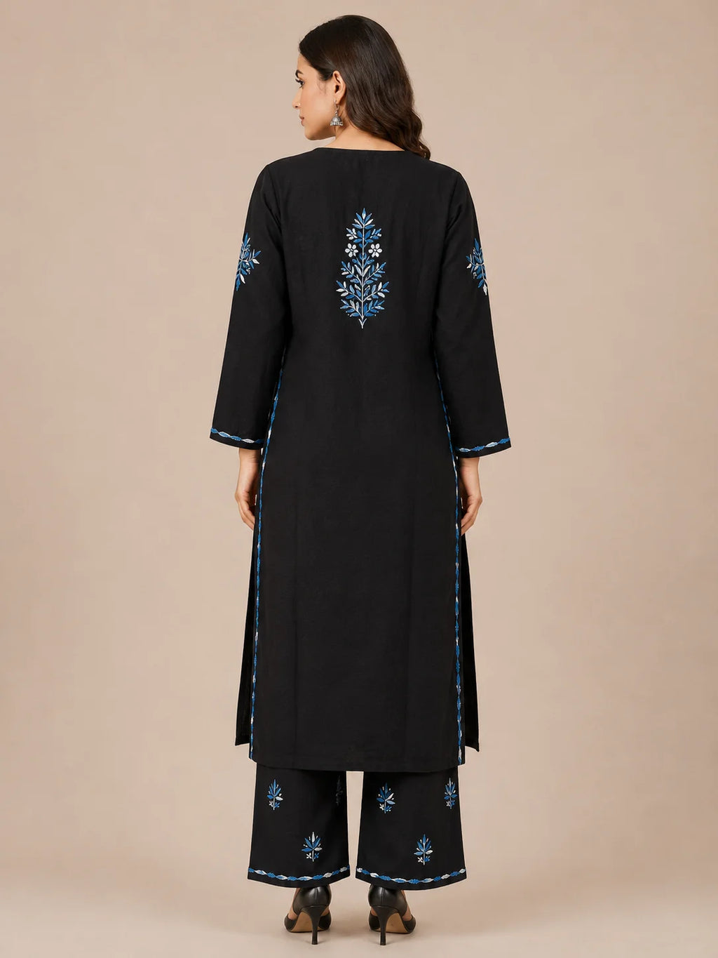 Luxury Midnight Black Modal Chikankari Kurta Palazzo Set for Women | Royal Blue Lucknowi Embroidery | Tazaki Fashion