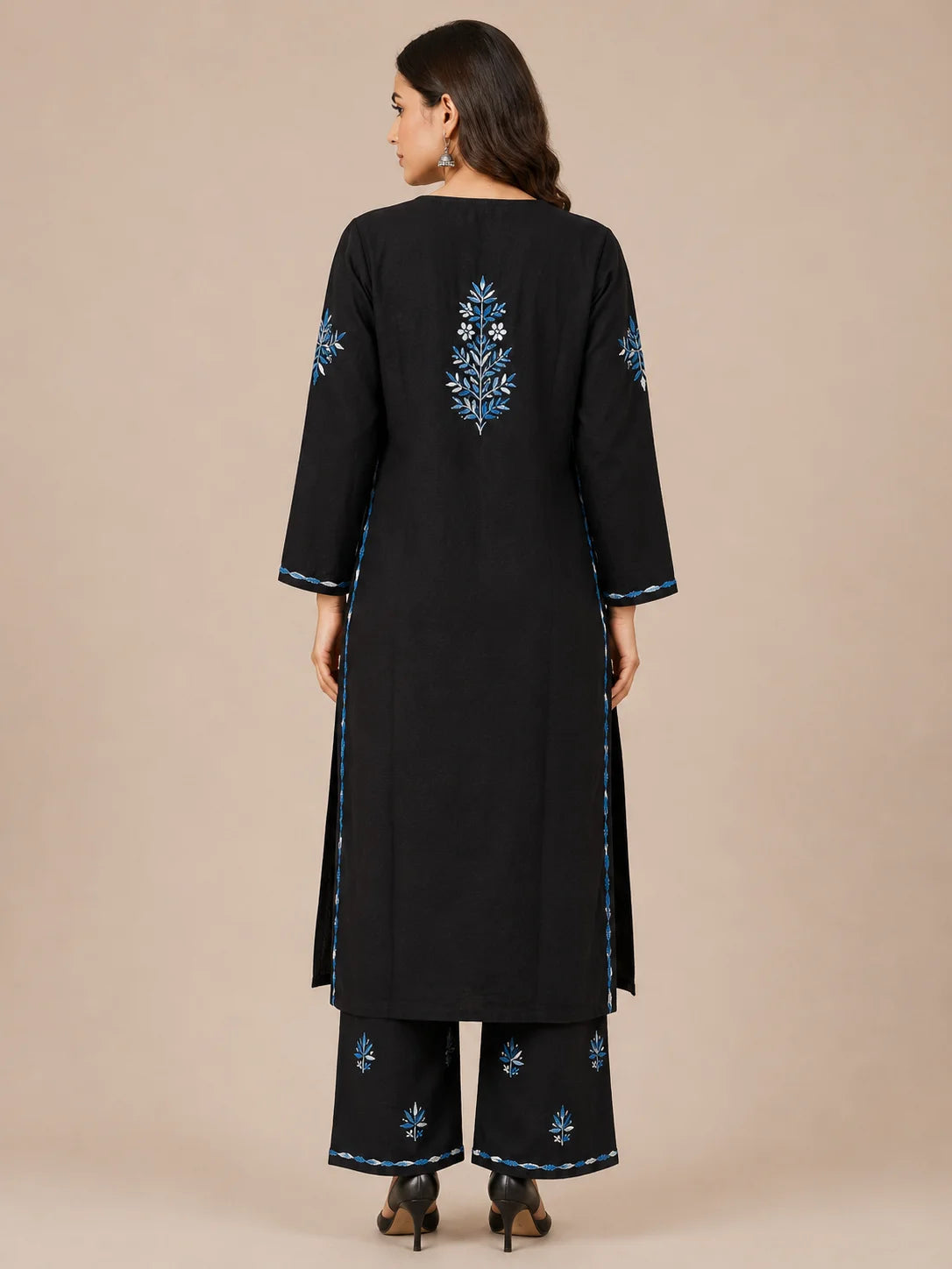 Luxury Midnight Black Modal Chikankari Kurta Palazzo Set for Women | Royal Blue Lucknowi Embroidery | Tazaki Fashion