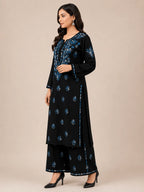 Luxury Midnight Black Modal Chikankari Kurta Palazzo Set for Women | Royal Blue Lucknowi Embroidery | Tazaki Fashion