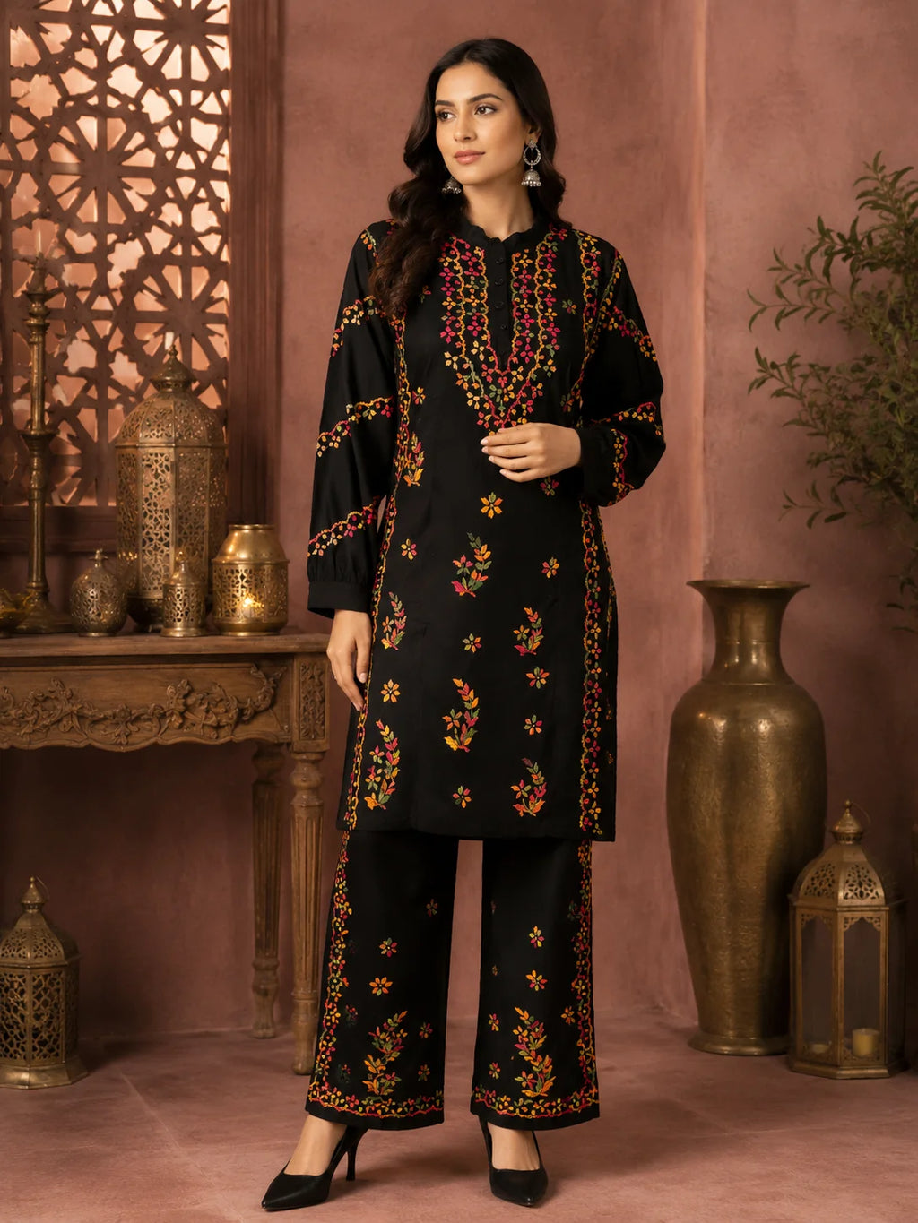 Luxury Noir Multicolor Modal Embroidered Kurta Palazzo Set for Women | Multicolor Floral Embroidery | Tazaki Fashion