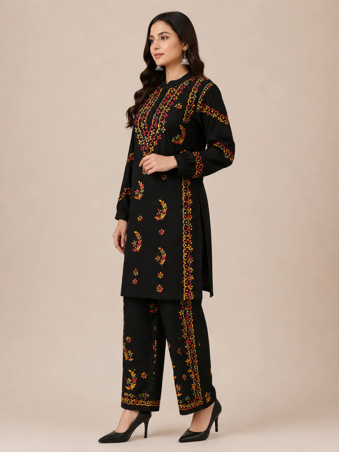 Luxury Noir Multicolor Modal Embroidered Kurta Palazzo Set for Women | Multicolor Floral Embroidery | Tazaki Fashion