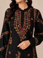Luxury Noir Multicolor Modal Embroidered Kurta Palazzo Set for Women | Multicolor Floral Embroidery | Tazaki Fashion