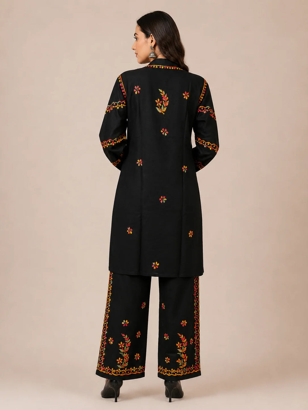 Luxury Noir Multicolor Modal Embroidered Kurta Palazzo Set for Women | Multicolor Floral Embroidery | Tazaki Fashion