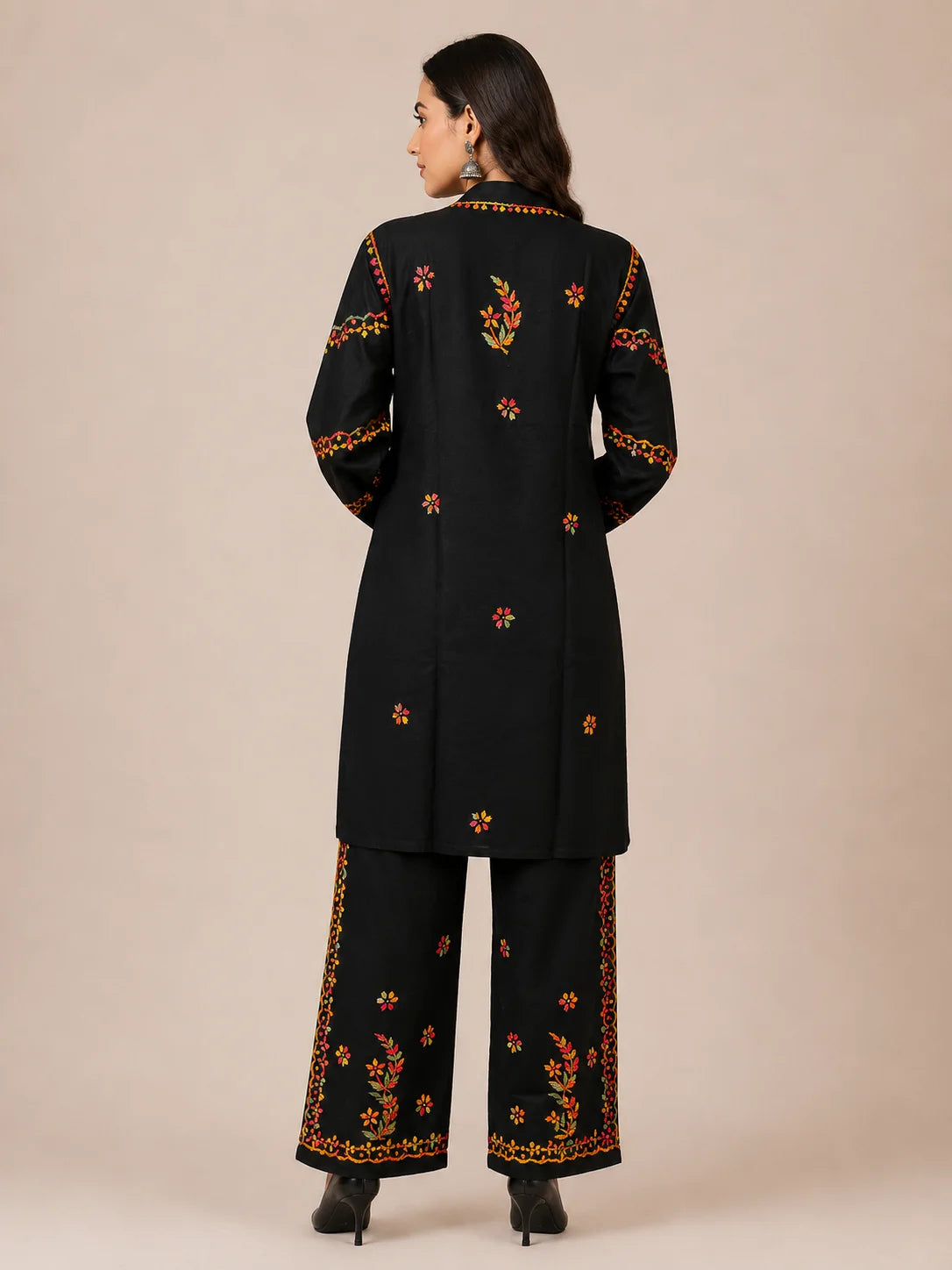 Luxury Noir Multicolor Modal Embroidered Kurta Palazzo Set for Women | Multicolor Floral Embroidery | Tazaki Fashion