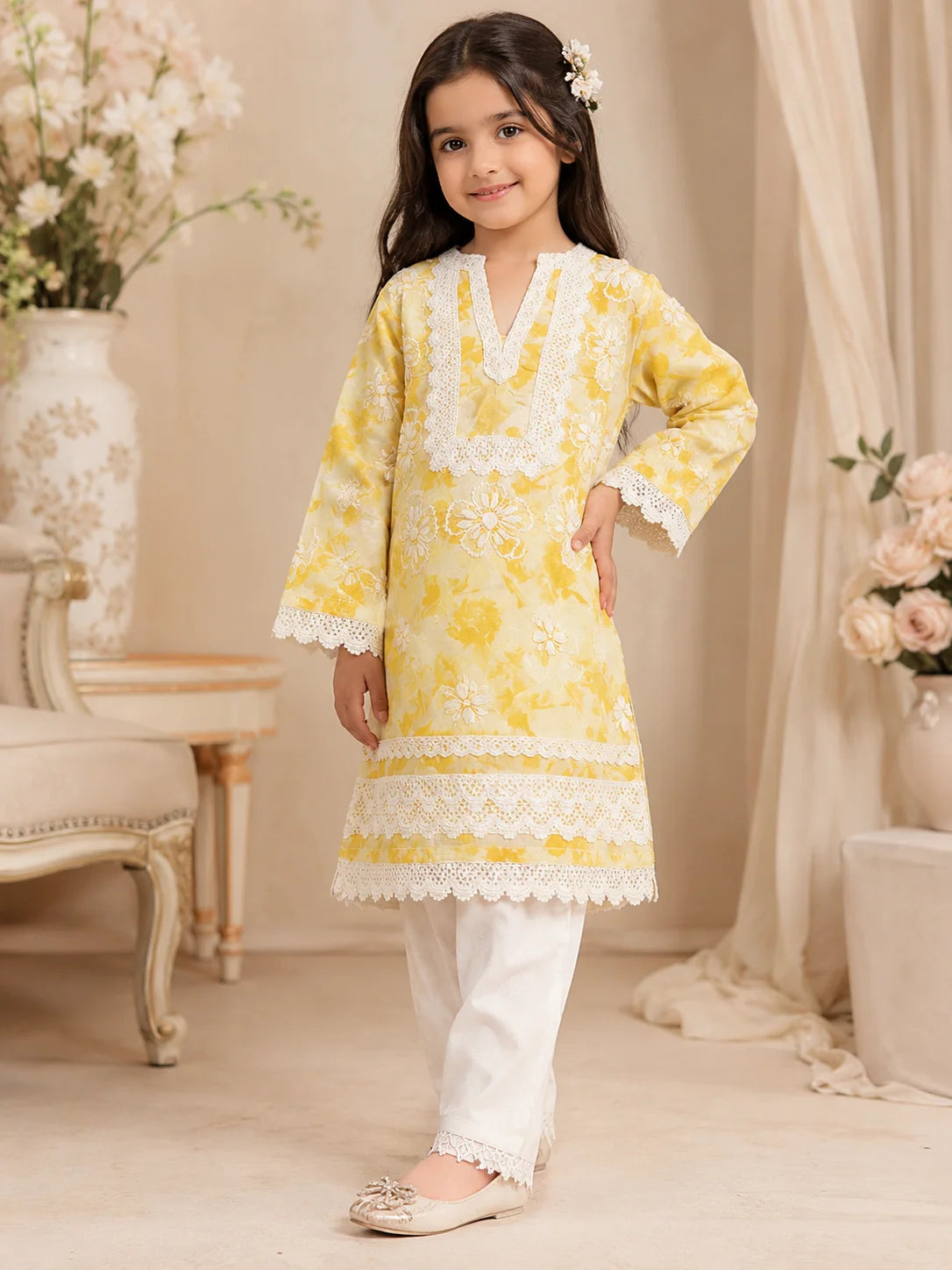 Girls Grey Floral Mumul Print Kurta Pant Set with Dupatta | Premium Kids Ethnic Wear | Tazaki Fashion