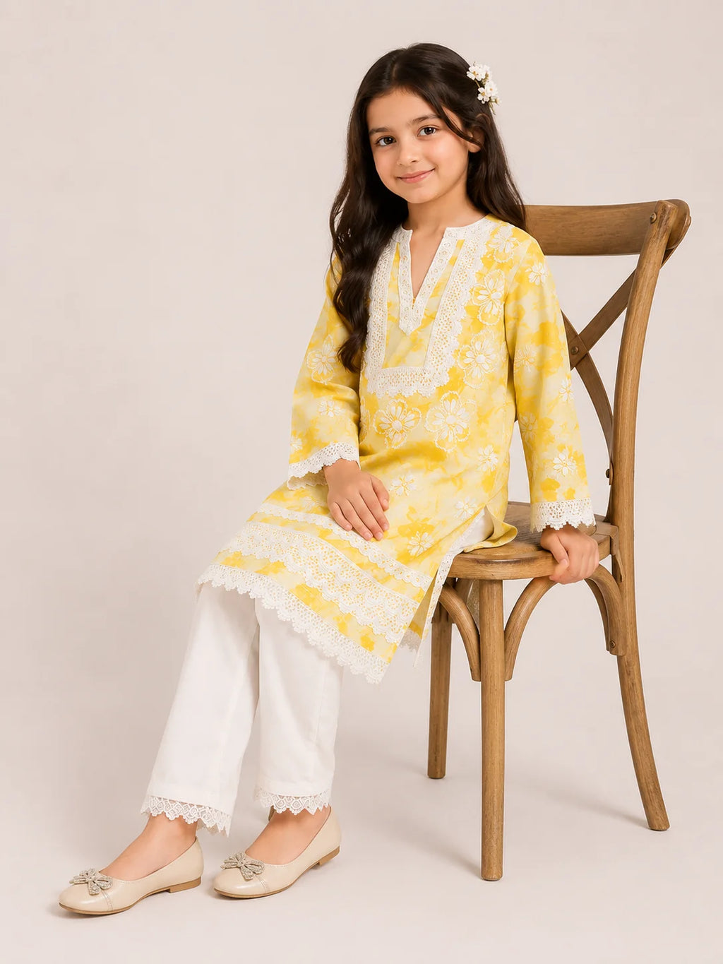 Girls Grey Floral Mumul Print Kurta Pant Set with Dupatta | Premium Kids Ethnic Wear | Tazaki Fashion