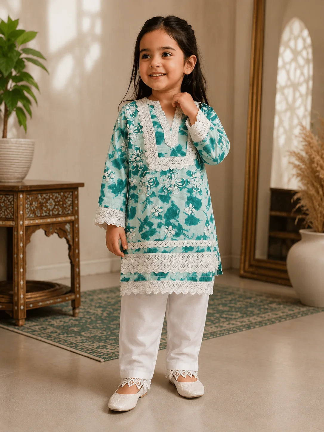 Girls Grey Floral Mumul Print Kurta Pant Set with Dupatta | Premium Kids Ethnic Wear | Tazaki Fashion