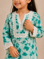 Girls Grey Floral Mumul Print Kurta Pant Set with Dupatta | Premium Kids Ethnic Wear | Tazaki Fashion