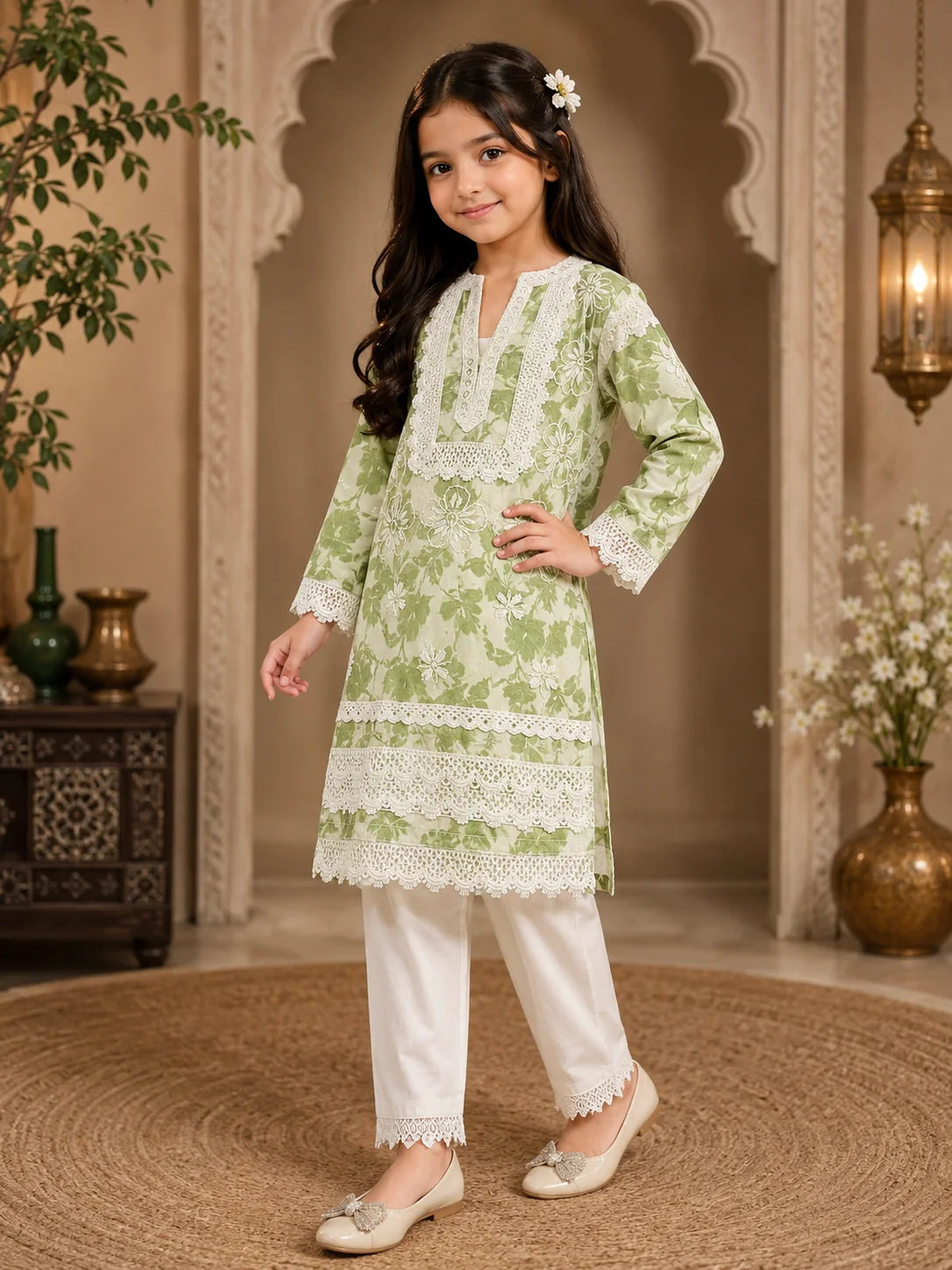 Girls Grey Floral Mumul Print Kurta Pant Set with Dupatta | Premium Kids Ethnic Wear | Tazaki Fashion