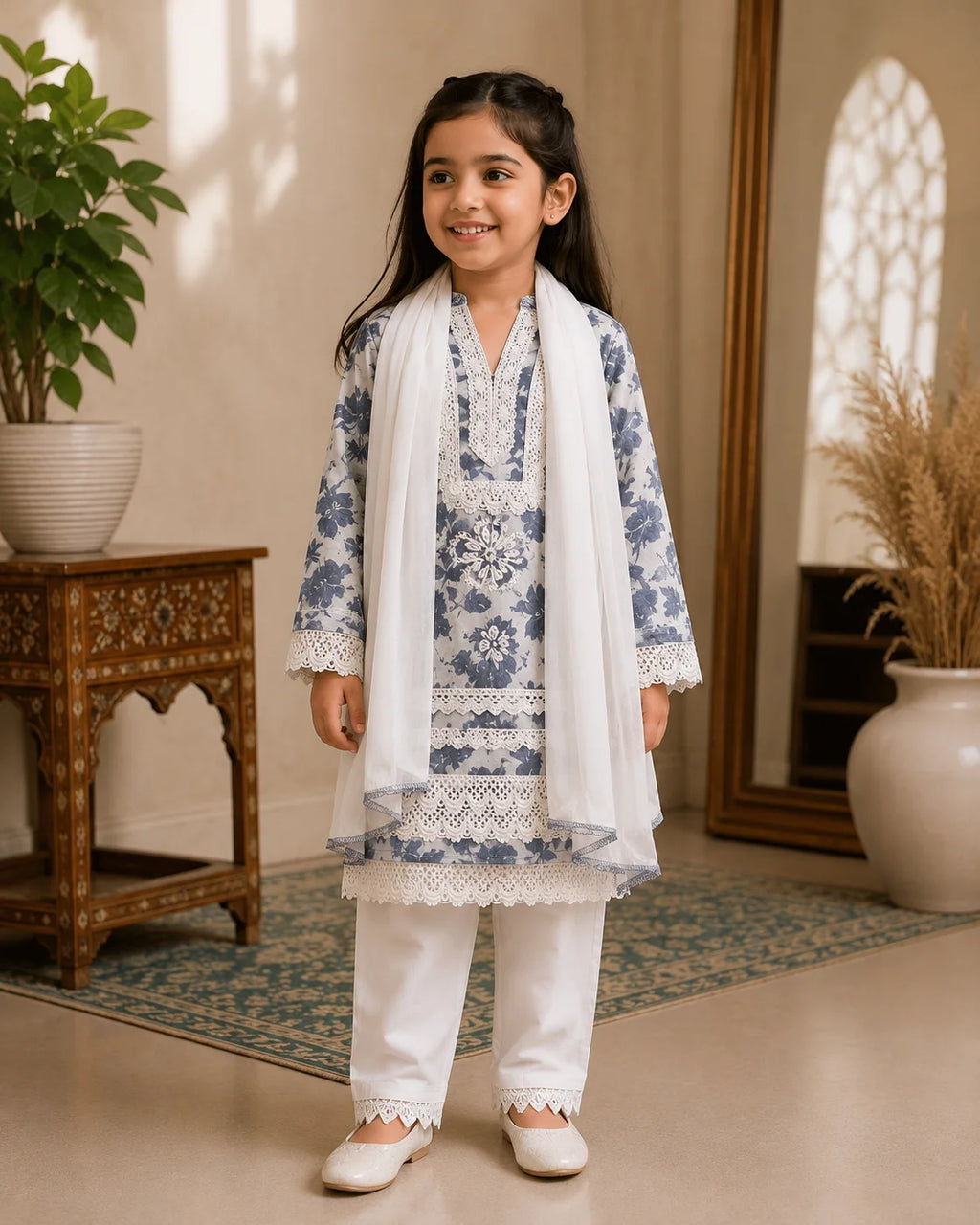 Girls Grey Floral Mumul Print Kurta Pant Set with Dupatta | Premium Kids Ethnic Wear | Tazaki Fashion