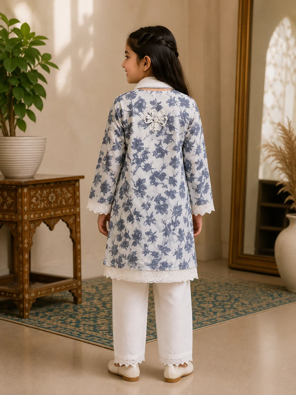 Girls Grey Floral Mumul Print Kurta Pant Set with Dupatta | Premium Kids Ethnic Wear | Tazaki Fashion