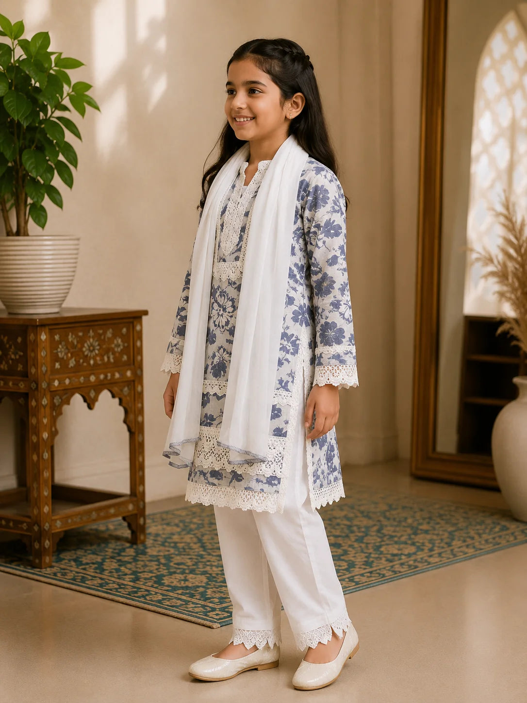 Girls Grey Floral Mumul Print Kurta Pant Set with Dupatta | Premium Kids Ethnic Wear | Tazaki Fashion